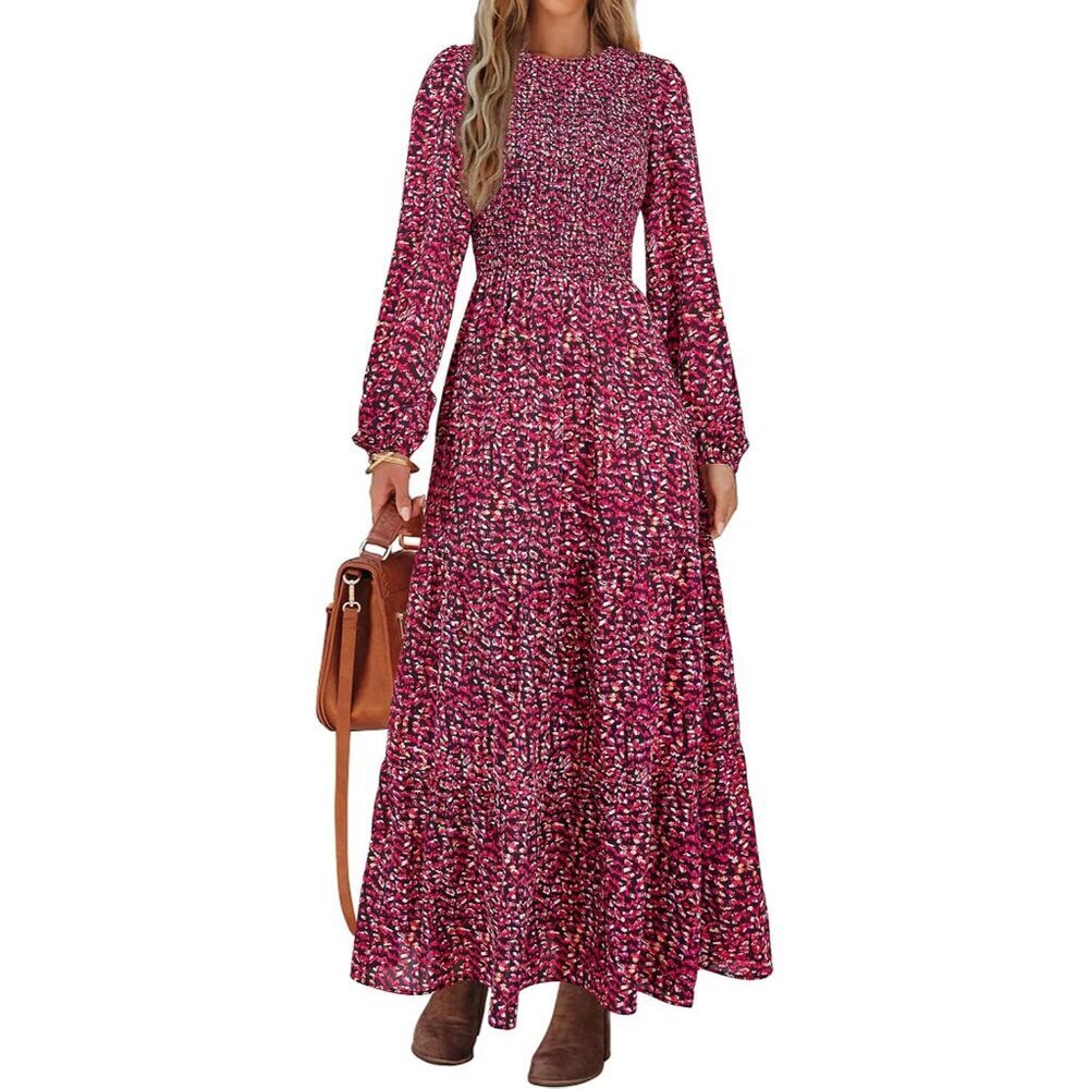 Women's Fall Dresses 2025 Long Sleeve Flowy Casual Floral Maxi Dress Crew Neck S